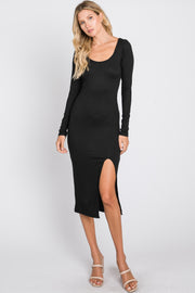 Black Ribbed Front Slit Midi Dress