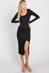 Black Ribbed Front Slit Midi Dress