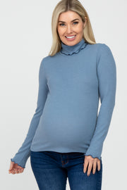 Blue Thermal Knit Turtle Neck Maternity Top