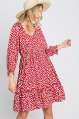 Red Floral Ruffle Trim Dress