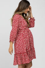 Red Floral Ruffle Trim Maternity Dress