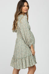 Light Olive Floral Ruffle Trim Maternity Dress