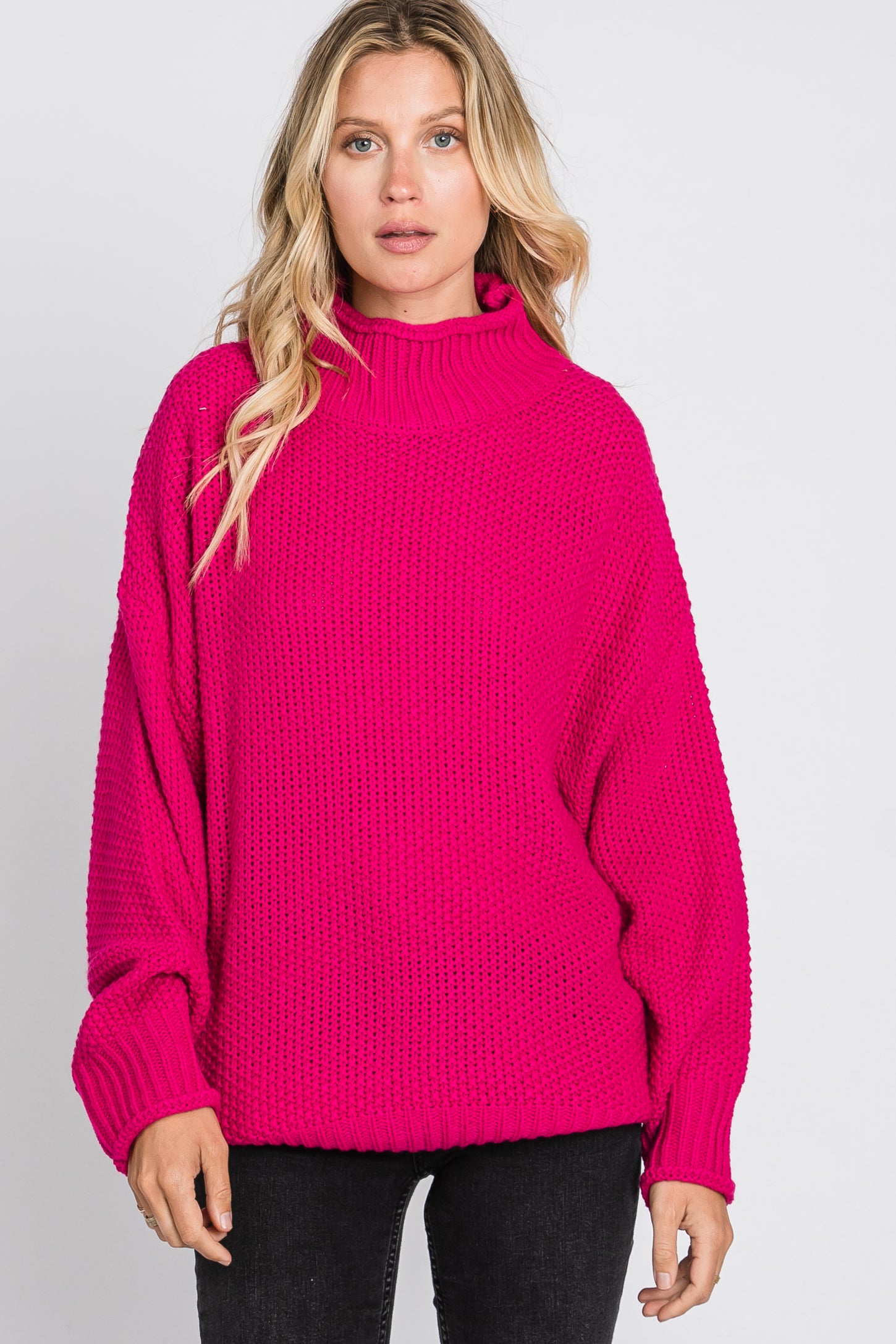 Fuchsia Mock Neck Cable Knit Sweater– PinkBlush