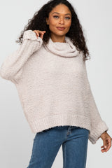 Beige Cowl Neck Cuff Sleeve Soft Knit Maternity Sweater