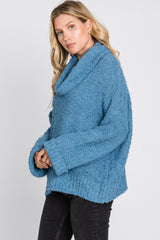 Blue Cowl Neck Cuff Sleeve Soft Knit Sweater