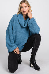 Blue Cowl Neck Cuff Sleeve Soft Knit Sweater