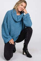 Blue Cowl Neck Cuff Sleeve Soft Knit Sweater