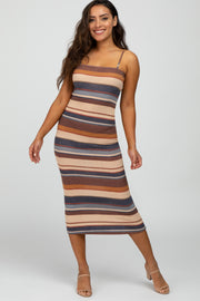 Multi-Color Striped Ribbed Fitted Midi Dress