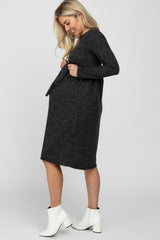 Black Brushed Heathered Long Sleeve Maternity Dress