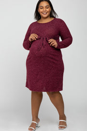 Burgundy Brushed Heathered Long Sleeve Maternity Plus Dress