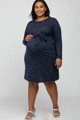 Navy Brushed Heathered Long Sleeve Maternity Plus Dress