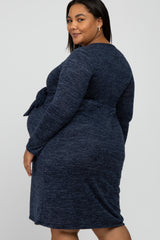 Navy Brushed Heathered Long Sleeve Maternity Plus Dress