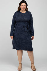 Navy Brushed Heathered Long Sleeve Maternity Plus Dress