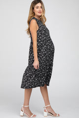 Black Floral Ribbed Tiered Maternity Midi Dress