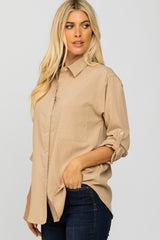 Beige Hi Low Button Up Collared Top