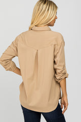 Beige Hi Low Button Up Collared Top