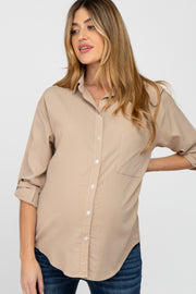 Beige Hi Low Button Up Collared Maternity Top