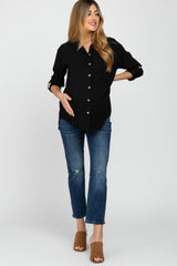 Black Hi Low Button Up Collared Maternity Top