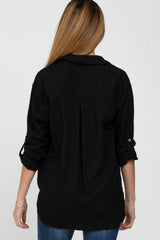 Black Hi Low Button Up Collared Maternity Top