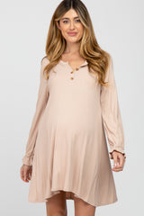 Beige Ribbed Button Front Long Ruffle Sleeve Maternity Dress