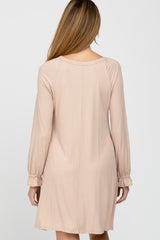 Beige Ribbed Button Front Long Ruffle Sleeve Maternity Dress