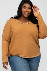 Camel Contrast Stitch Plus Size Dolman Sleeve Top