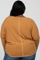 Camel Contrast Stitch Plus Size Dolman Sleeve Top