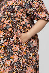 Black Floral Button Front Tiered Maternity Plus Maxi Dress