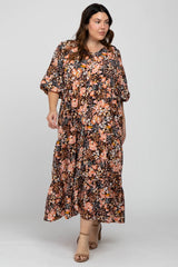 Black Floral Button Front Tiered Maternity Plus Maxi Dress