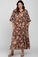 Black Floral Button Front Tiered Plus Maxi Dress