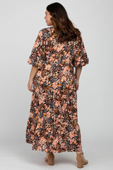 Black Floral Button Front Tiered Plus Maxi Dress