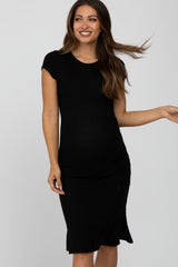 Black Brushed Ribbed Maternity Midi Dress