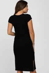 Black Brushed Ribbed Maternity Midi Dress