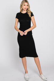 Black Brushed Ribbed Midi Dress