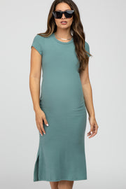 Teal Brushed Ribbed Maternity Midi Dress