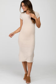 Beige Brushed Ribbed Maternity Midi Dress