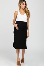 Black Ribbed Side Slit Maternity Midi Skirt