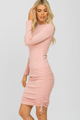 Pink Ribbed Long Sleeve Ruched Dress