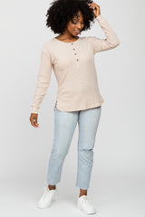 Beige Ribbed Henley Long Sleeve Top