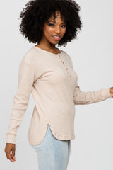 Beige Ribbed Henley Long Sleeve Top