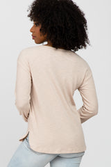 Beige Ribbed Henley Long Sleeve Top