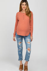 Light Rust Ribbed Henley Maternity Long Sleeve Top