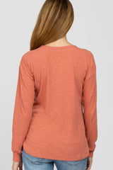 Light Rust Ribbed Henley Maternity Long Sleeve Top