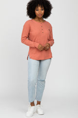 Light Rust Ribbed Henley Maternity Long Sleeve Top