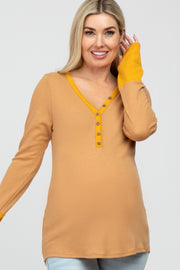 Yellow Waffle Knit Button Front Colorblock Maternity Top