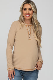 Beige Ribbed Top Stitch Long Sleeve Maternity Top