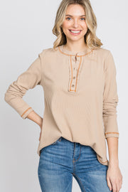 Beige Ribbed Top Stitch Long Sleeve Top