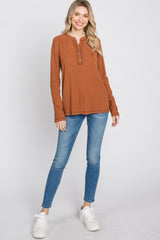 Rust Ribbed Top Stitch Long Sleeve Top