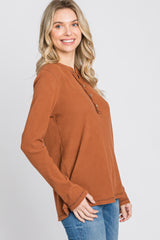 Rust Ribbed Top Stitch Long Sleeve Top