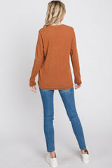 Rust Ribbed Top Stitch Long Sleeve Top